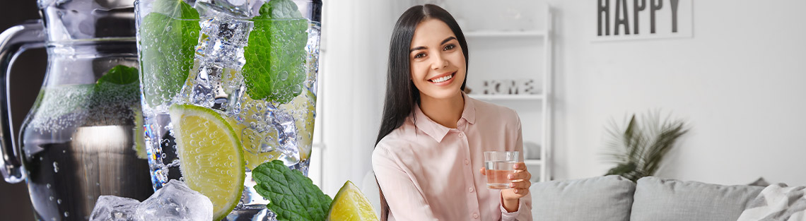 Frau mit gefiltertem Trinkwasser